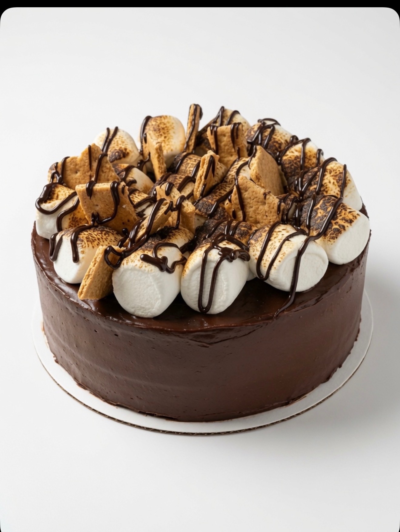 Chocolate s'mores cheesecake topped with toasted marshmallows, graham crackers and chocolate drizzle
